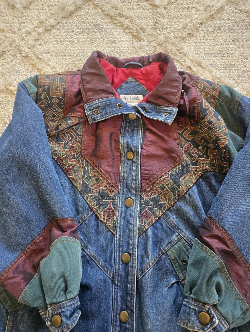 Vintage Two Twenty Western Denim Jacket Women’s Medium Aztec Pattern Jean Coat